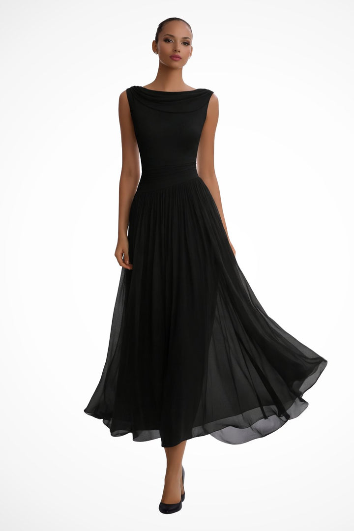 Women's Sleeveless Cowl-Neck Pleated Midi Dress - Zwart