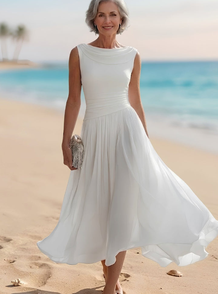 Women's Sleeveless Draped-Neck Pleated A-Line Midi Dress - White