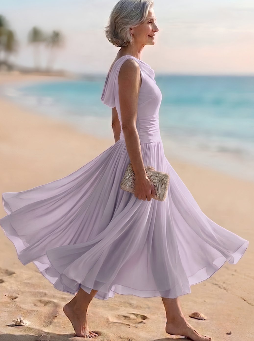 Women's Sleeveless Draped-Neck Pleated A-Line Midi Dress