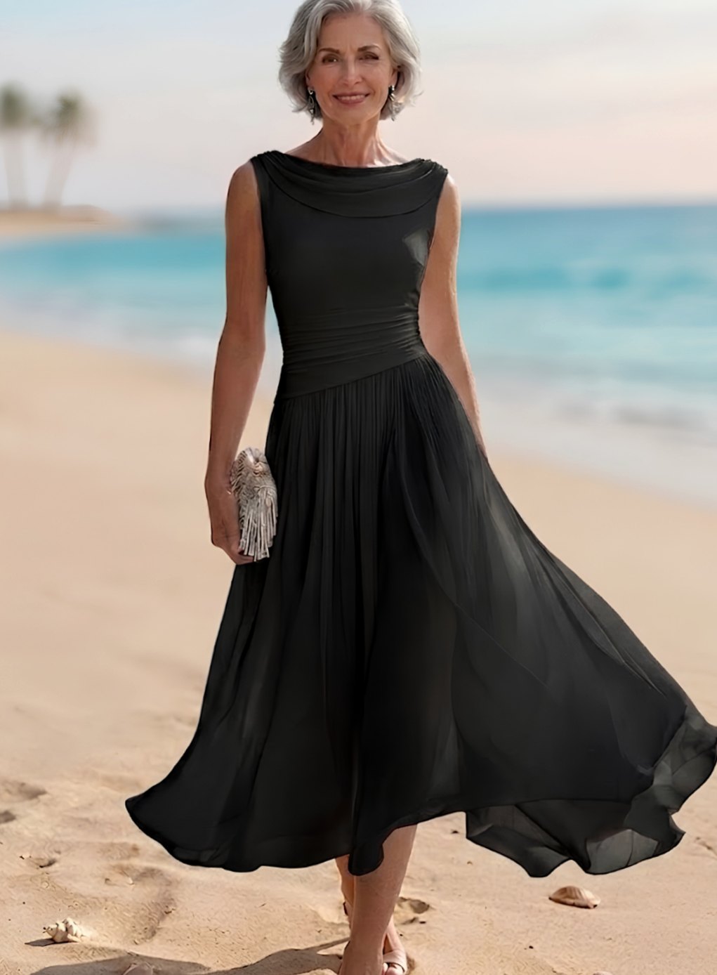 Women's Sleeveless Draped-Neck Pleated A-Line Midi Dress - Black