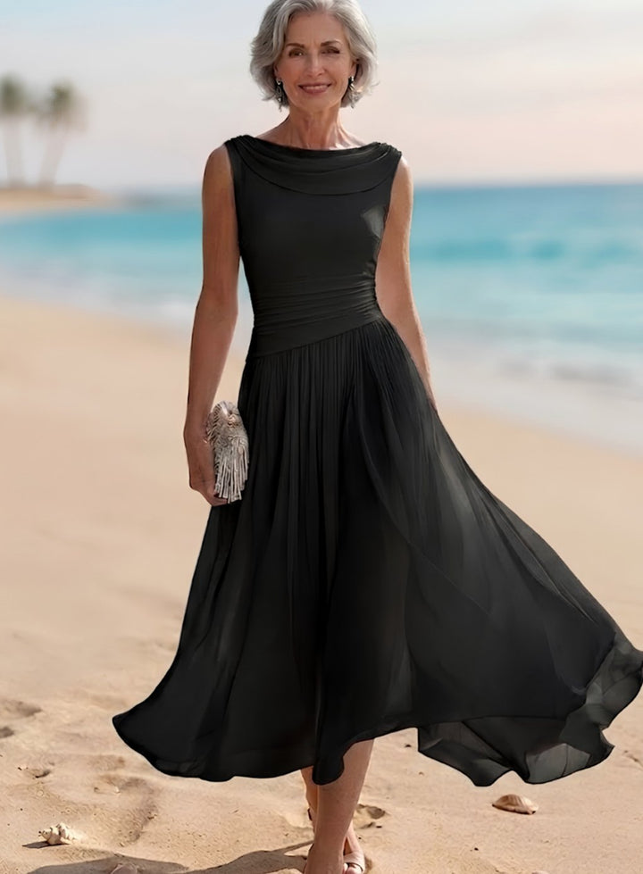 Women's Sleeveless Draped-Neck Pleated A-Line Midi Dress - Black