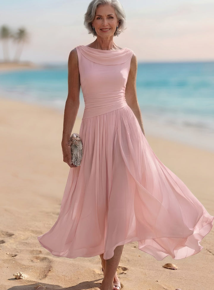Women's Sleeveless Draped-Neck Pleated A-Line Midi Dress - Pink