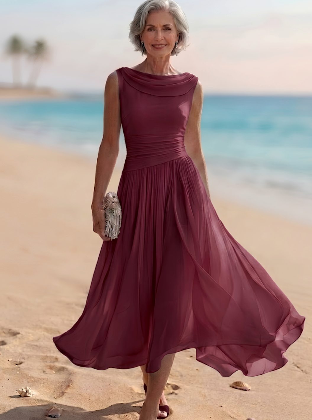 Women's Sleeveless Draped-Neck Pleated A-Line Midi Dress - Burgundy