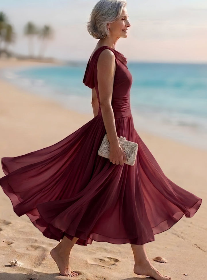 Women's Sleeveless Draped-Neck Pleated A-Line Midi Dress