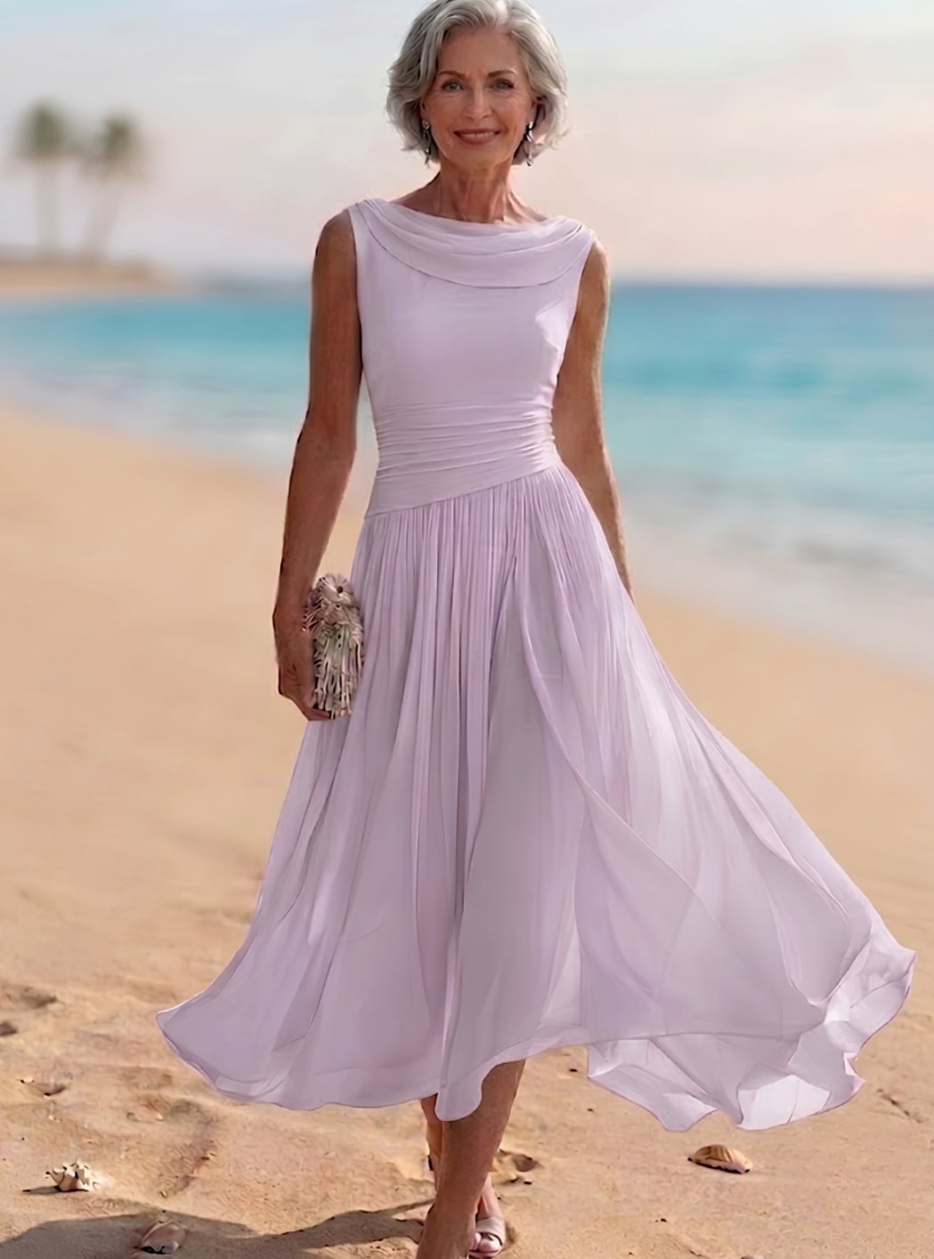 Women's Sleeveless Draped-Neck Pleated A-Line Midi Dress - Purple