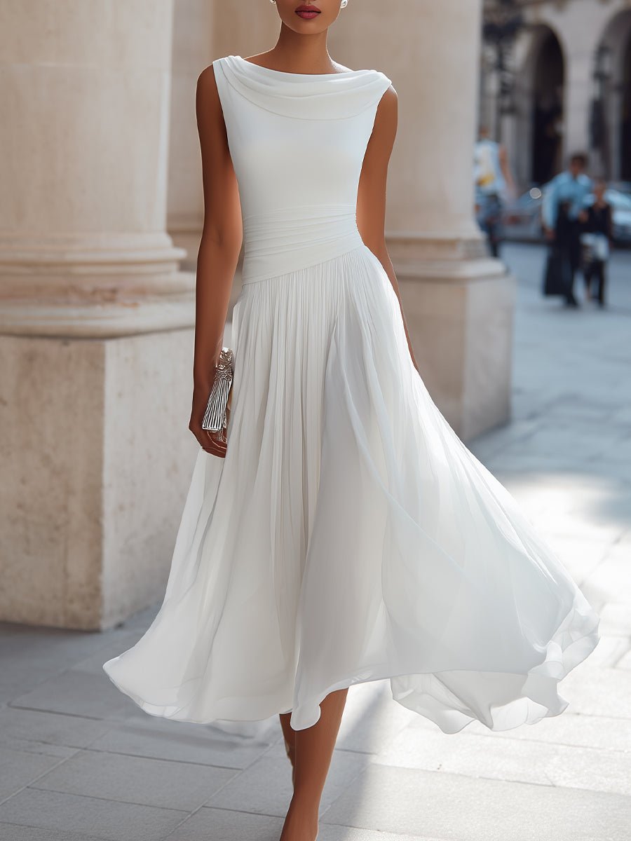 Women's Sleeveless Draped-Neckline Pleated Midi Dress - White