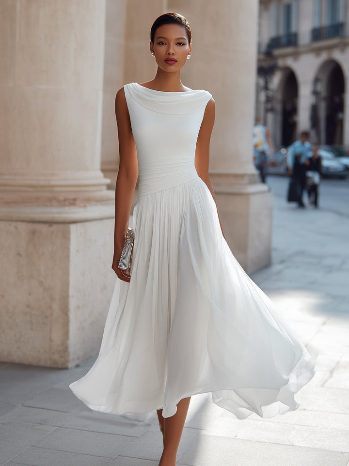 Women's Sleeveless Draped-Neckline Pleated Midi Dress