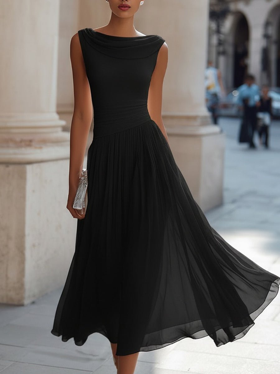 Women's Sleeveless Draped-Neckline Pleated Midi Dress - Black