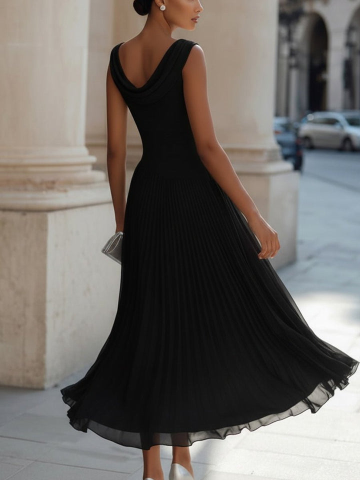 Women's Sleeveless Draped-Neckline Pleated Midi Dress