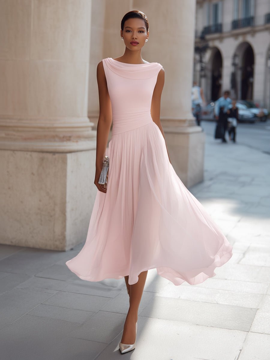 Women's Sleeveless Draped-Neckline Pleated Midi Dress - Pink