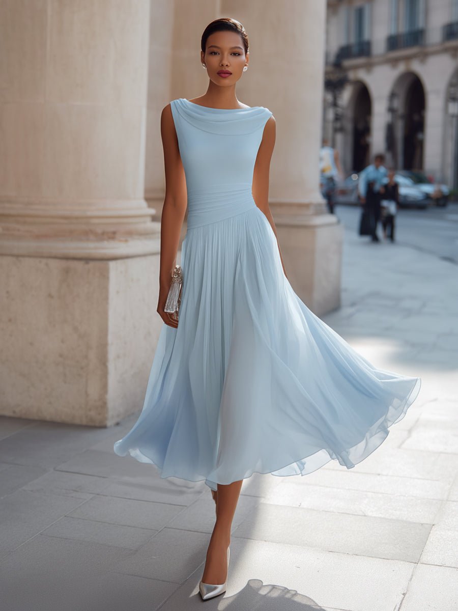 Women's Sleeveless Draped-Neckline Pleated Midi Dress - Sky Blue