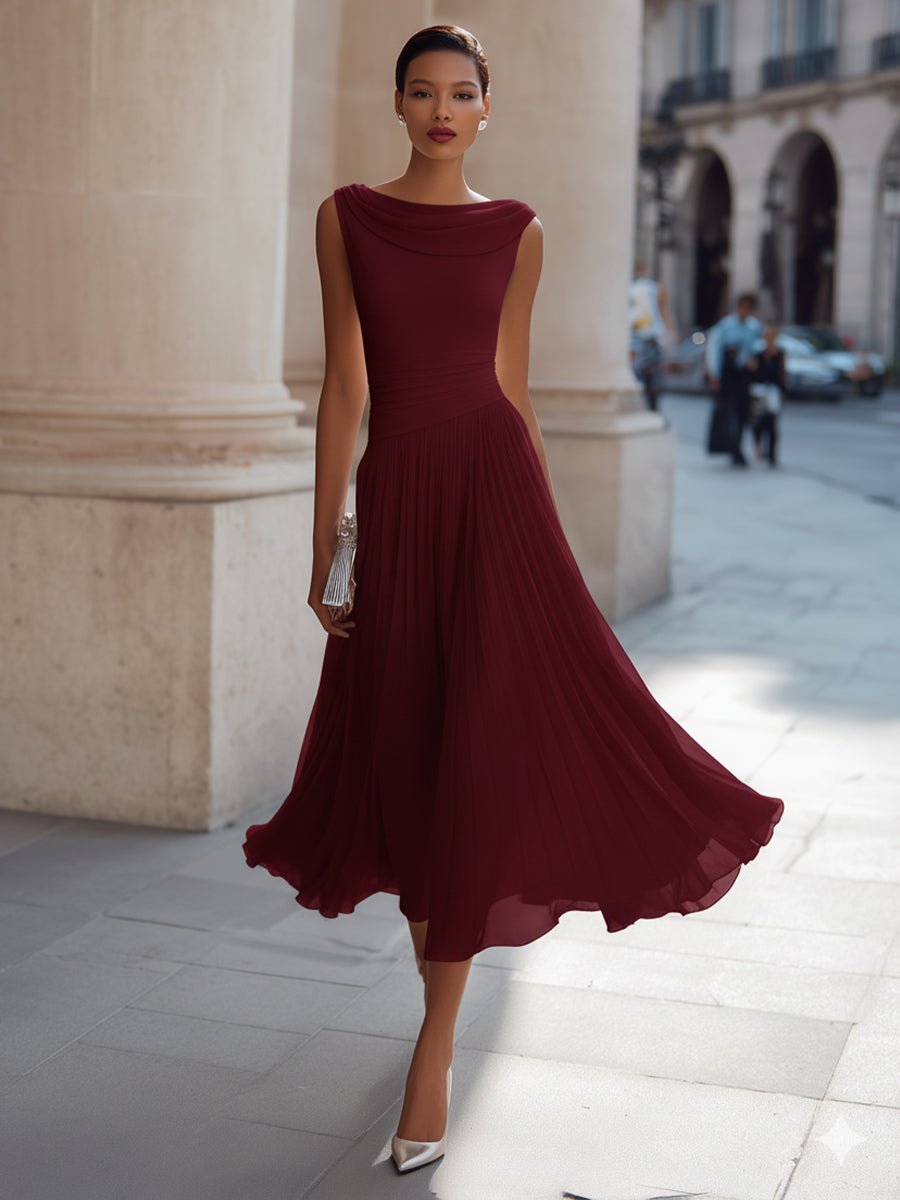 Women's Sleeveless Draped-Neckline Pleated Midi Dress - Burgundy