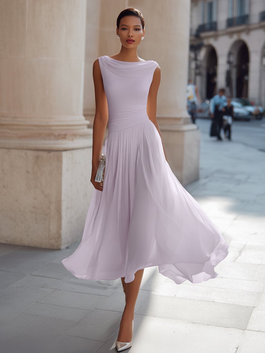 Women's Sleeveless Draped-Neckline Pleated Midi Dress - Lavender