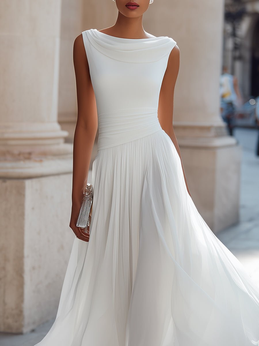Women's Sleeveless Draped-Neckline Pleated Midi Dress