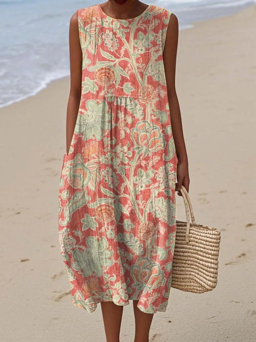 Women's Sleeveless Floral Print Relaxed-Fit Midi Dress