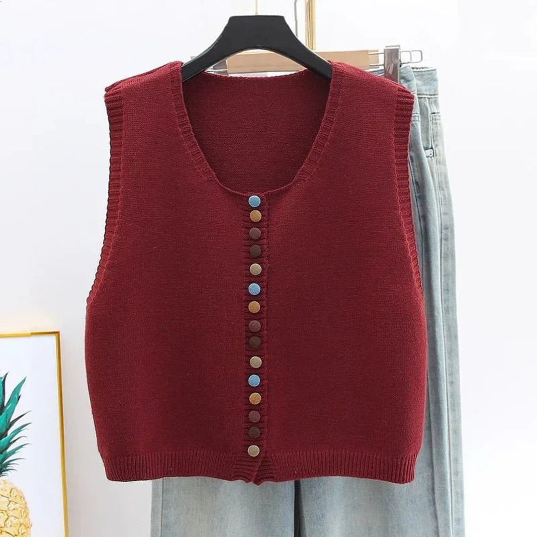 Women's Sleeveless Knit Button-Front Vest Colourful Button Detail - Bordeaux
