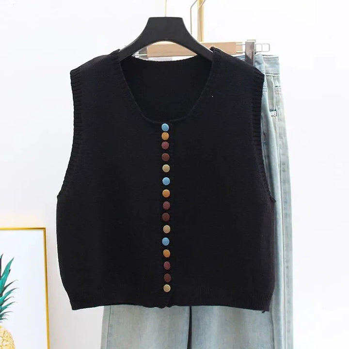 Women's Sleeveless Knit Button-Front Vest Colourful Button Detail - Black