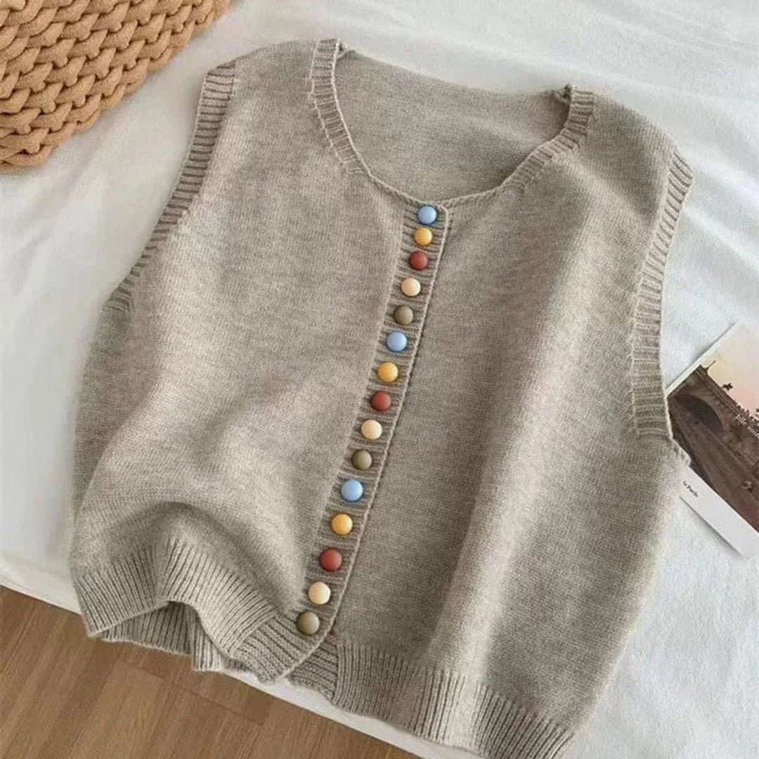 Women's Sleeveless Knit Button-Front Vest Colourful Button Detail - Apricot