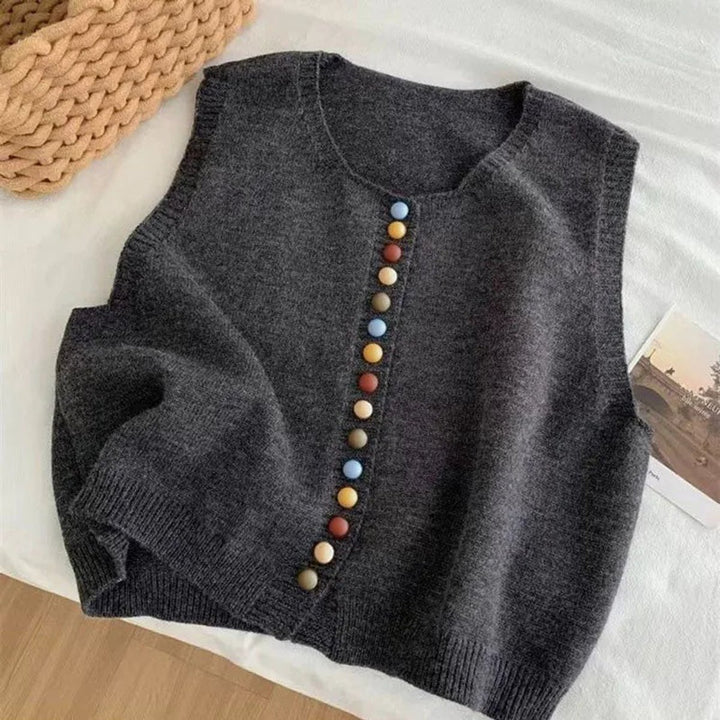 Women's Sleeveless Knit Button-Front Vest Colourful Button Detail - Grey