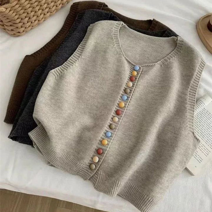 Women's Sleeveless Knit Button-Front Vest Colourful Button Detail