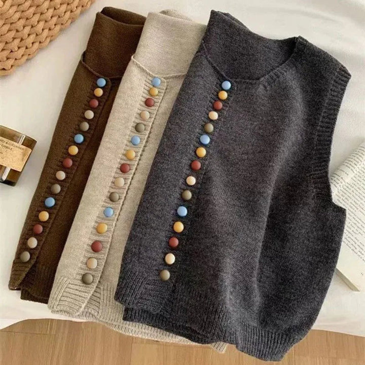 Women's Sleeveless Knit Button-Front Vest Colourful Button Detail