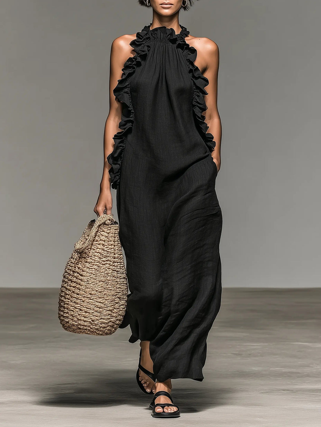 Women's Sleeveless Linen Halter Ruffle Maxi Dress - Black
