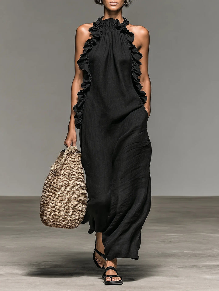 Women's Sleeveless Linen Halter Ruffle Maxi Dress - Black