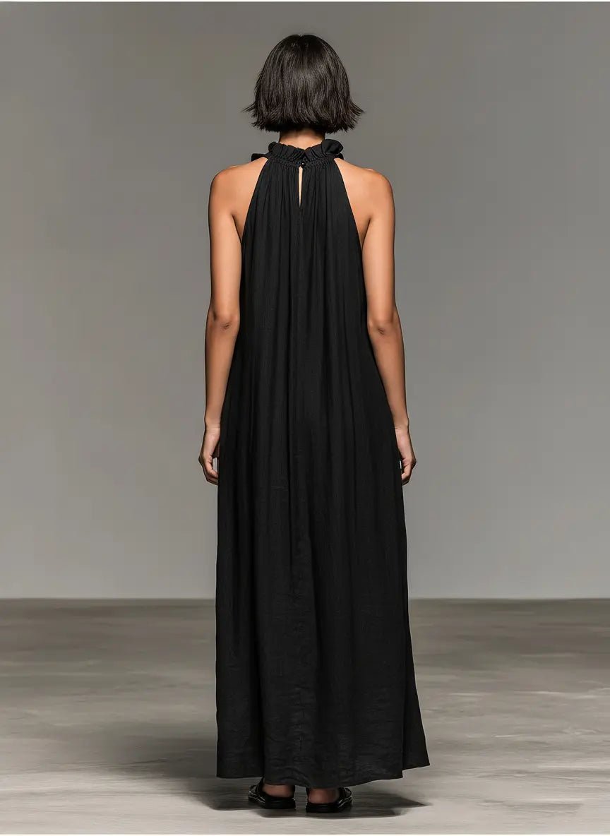 Women's Sleeveless Linen Halter Ruffle Maxi Dress