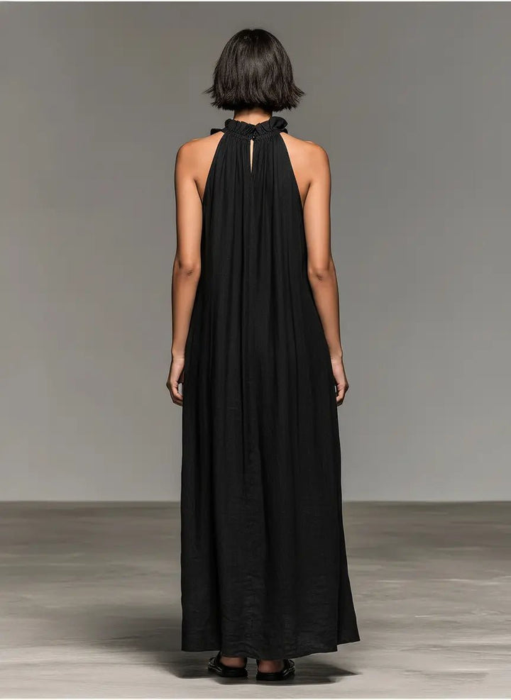 Women's Sleeveless Linen Halter Ruffle Maxi Dress