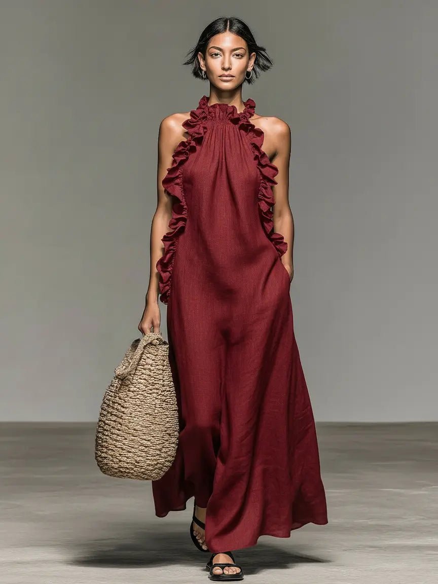 Women's Sleeveless Linen Halter Ruffle Maxi Dress - Red
