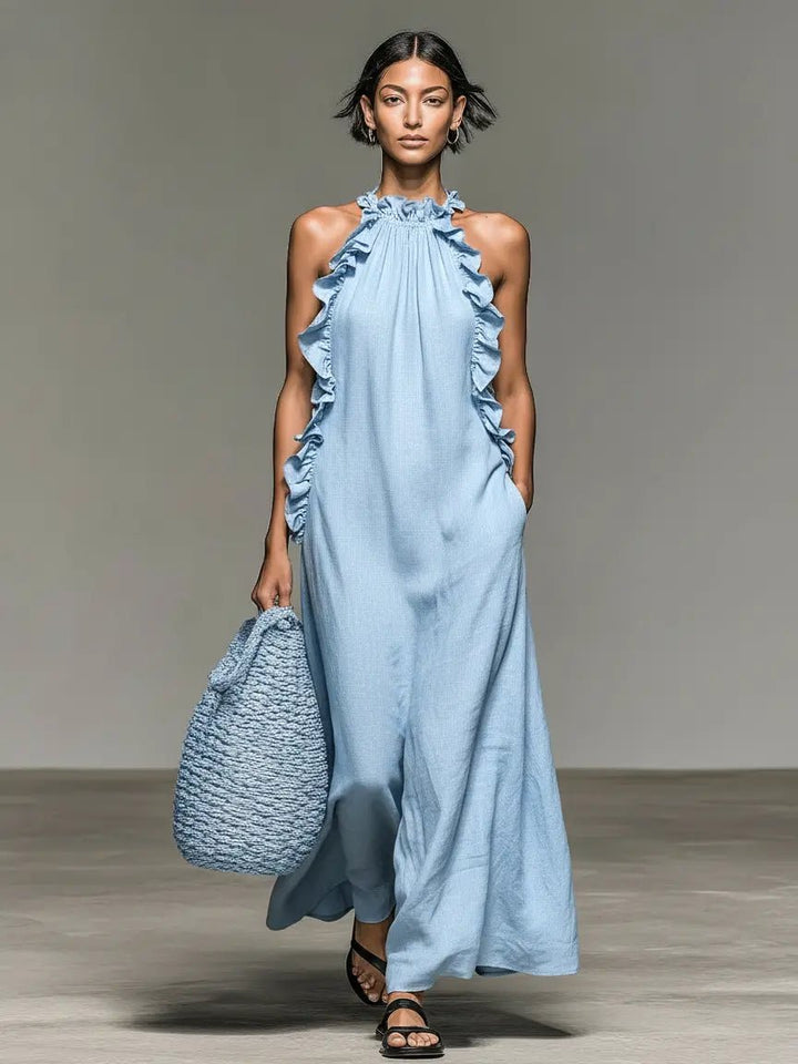 Women's Sleeveless Linen Halter Ruffle Maxi Dress - Light Blue