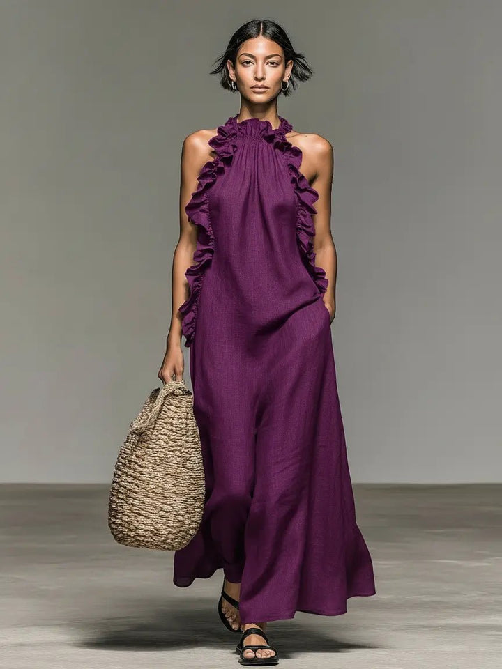 Women's Sleeveless Linen Halter Ruffle Maxi Dress - Purple
