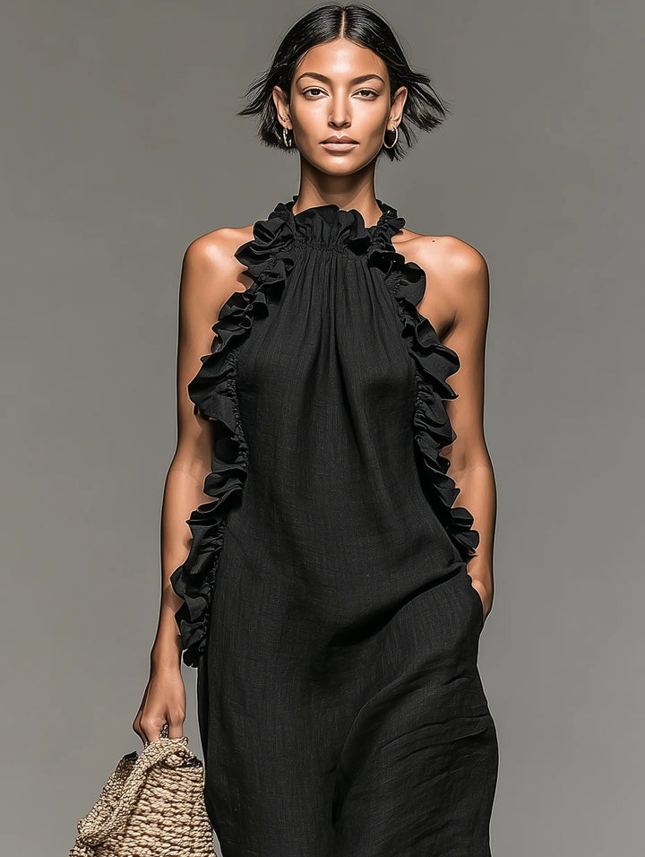 Women's Sleeveless Linen Halter Ruffle Maxi Dress
