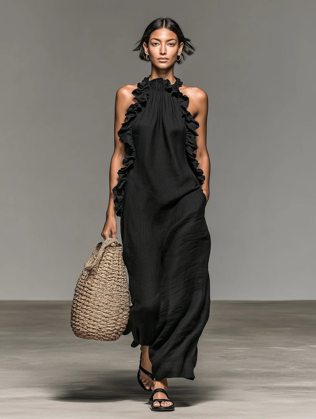 Women's Sleeveless Linen Halter Ruffle Maxi Dress