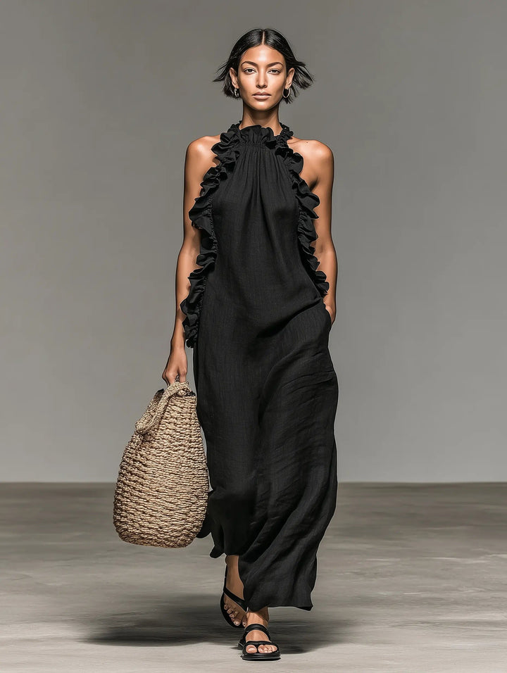 Women's Sleeveless Linen Halter Ruffle Maxi Dress