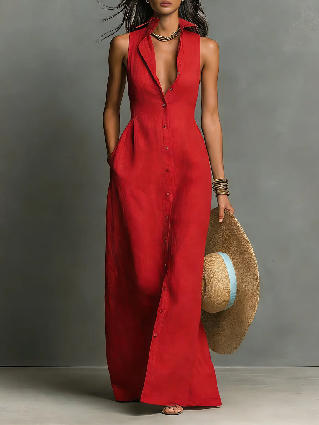Women's Sleeveless Linen Maxi Shirt Dress - Red