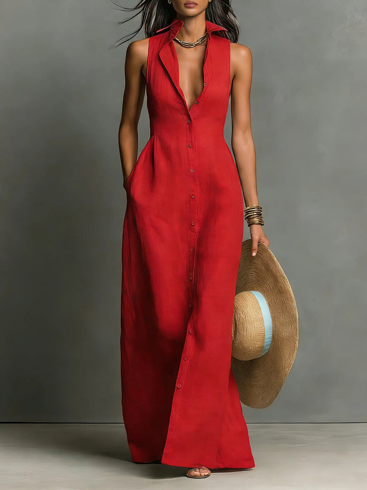 Women's Sleeveless Linen Maxi Shirt Dress - Red