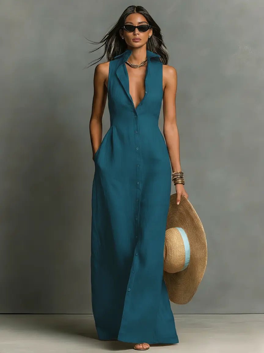 Women's Sleeveless Linen Maxi Shirt Dress - Teal Blue