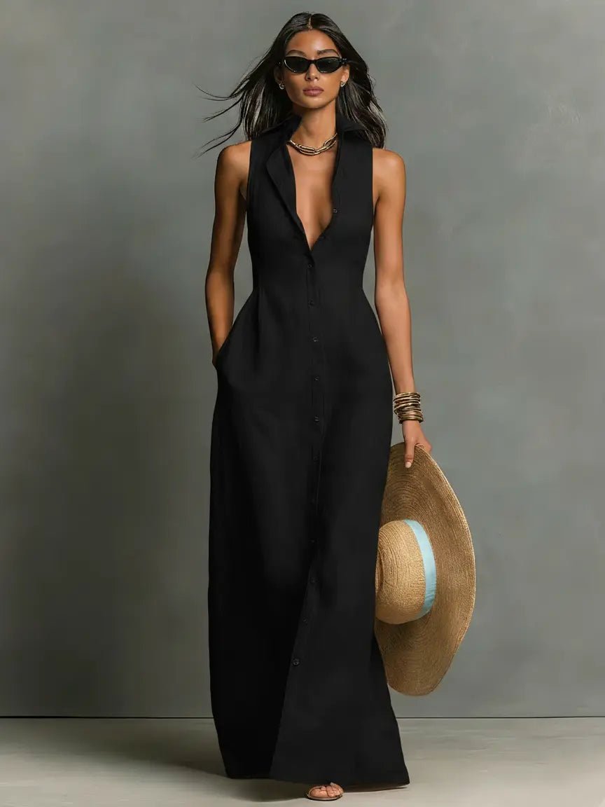 Women's Sleeveless Linen Maxi Shirt Dress - Black