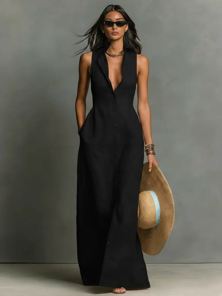Women's Sleeveless Linen Maxi Shirt Dress - Black