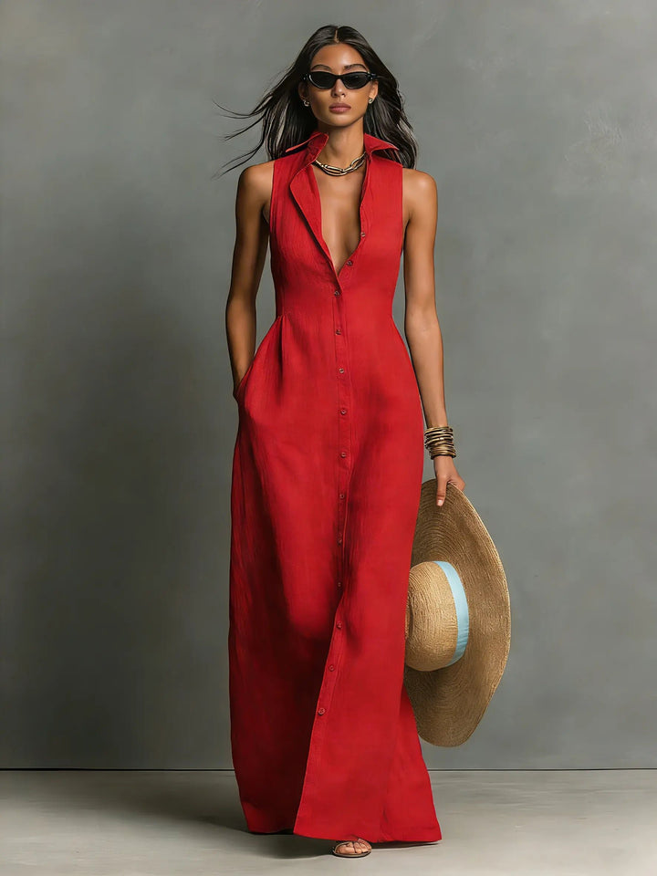 Women's Sleeveless Linen Maxi Shirt Dress