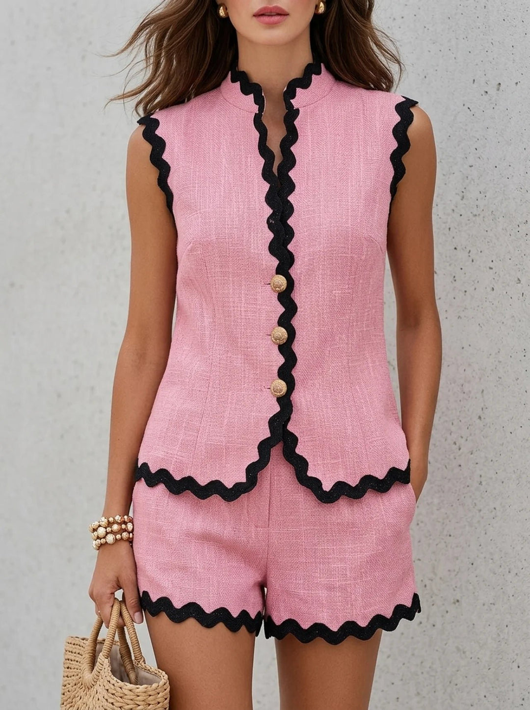 Women's Sleeveless Linen Two-Piece Set - Pink