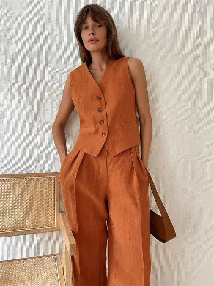 Women's Sleeveless Linen Waistcoat Wide-Leg Trouser Set - Orange
