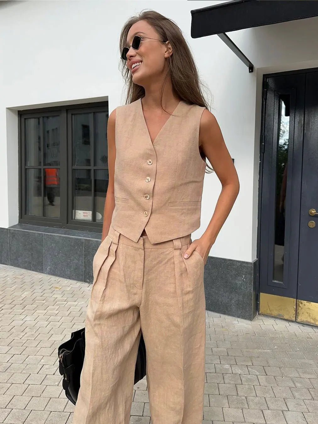 Women's Sleeveless Linen Waistcoat Wide-Leg Trouser Set