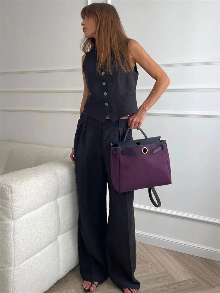 Women's Sleeveless Linen Waistcoat Wide-Leg Trouser Set
