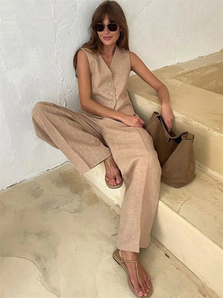Women's Sleeveless Linen Waistcoat Wide-Leg Trouser Set - Beige