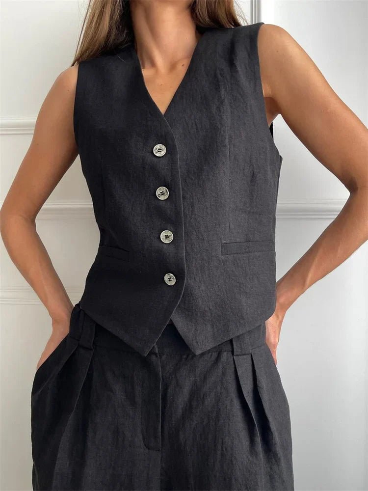 Women's Sleeveless Linen Waistcoat Wide-Leg Trouser Set - Black