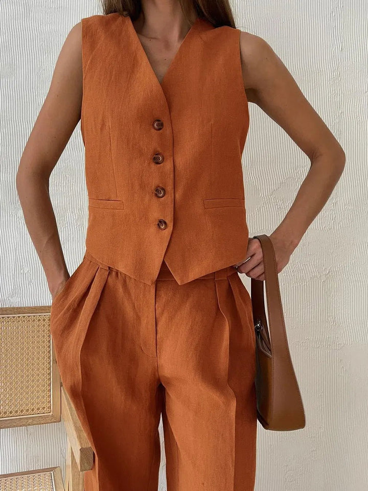 Women's Sleeveless Linen Waistcoat Wide-Leg Trouser Set