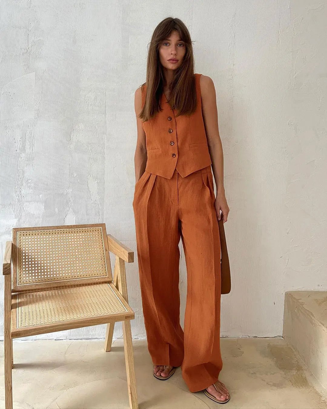 Women's Sleeveless Linen Waistcoat Wide-Leg Trouser Set