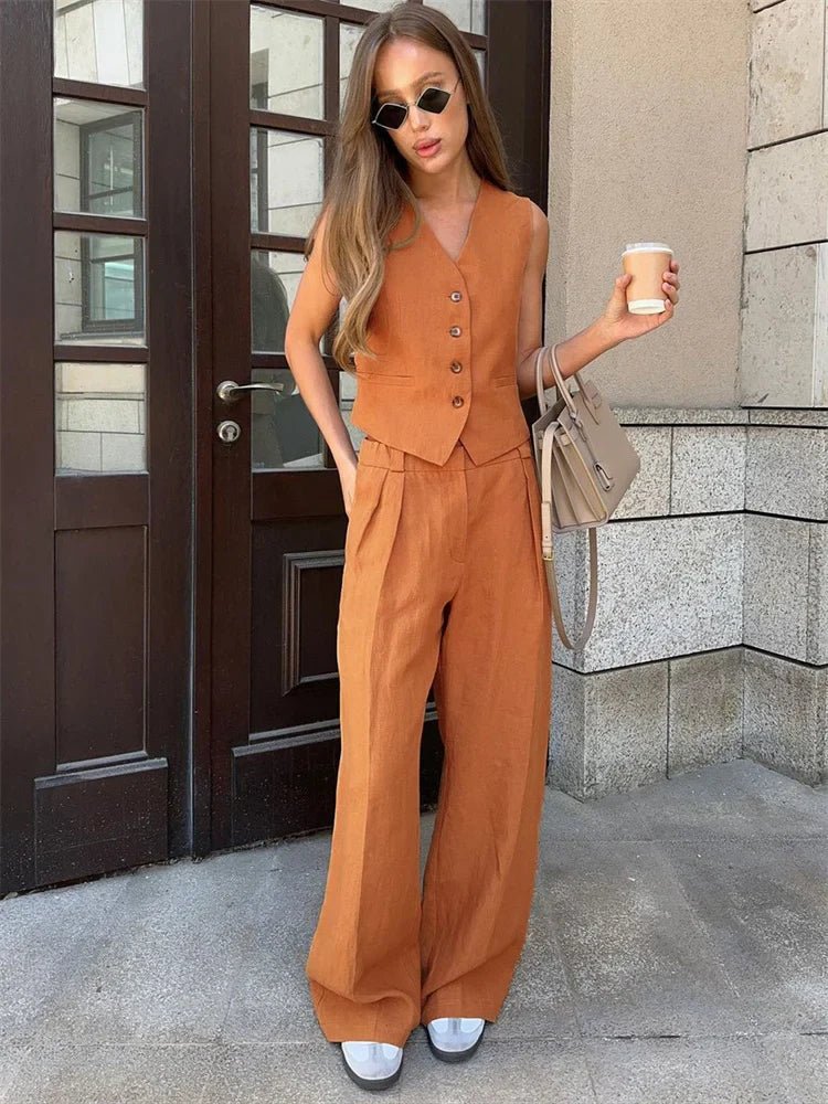 Women's Sleeveless Linen Waistcoat Wide-Leg Trouser Set